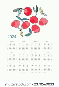 Plantilla vectorial de calendario para el año 2024 con manzanas dibujadas a mano sobre fondo de luz