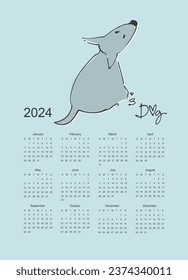 Kalendervektorvorlage für 2024 mit handgezeichnet lustigem Hund auf hellem Hintergrund