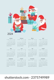 Calendar vector template for year 2024 with hand drawn funny Santas with gifts on light blue background