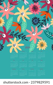 Calendar vector template for year 2024 with hand drawn wild flowers on light background