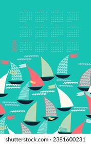 Calendar vector template for year 2024 with sailboats on turquoise background. Isolated calendar dates