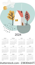 Calendar vector template for year 2024 with pastoral autumn landscape.. Isolated calendar dates