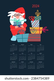 Plantilla vectorial de calendario para el año 2024 con amigos raros dibujados a mano con regalos sobre fondo azul claro