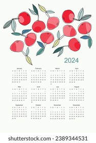 Calendar vector template for year 2024 with hand drawn apples on bright background