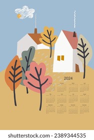 Calendar vector template for year 2024 with pastoral autumn landscape.. Isolated calendar dates