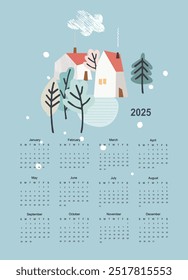 Calendar vector template for year 2025 with smoll home and trees on pastoral landscape. Isolated calendar dates