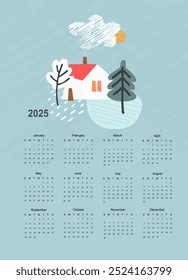 Calendar vector template for year 2025 with smoll home and trees on pastoral landscape. Isolated calendar dates