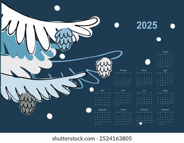 Calendar vector template for year 2025 with smoll home and trees on pastoral landscape. Isolated calendar dates