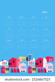 Calendar vector template for year 2025 with with an ancient city, ruins, gates and arches. Isolated calendar dates