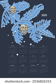 Calendar vector template for year 2025 with smoll home and trees on pastoral landscape. Isolated calendar dates