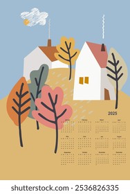 Calendar vector template for year 2025 with smoll home and trees on pastoral landscape. Isolated calendar dates