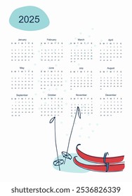 Calendar vector template for year 2025 with smoll home and trees on pastoral landscape. Isolated calendar dates