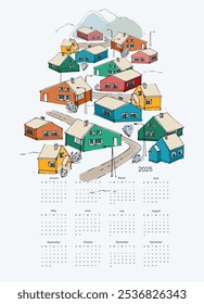 Calendar vector template for year 2025 with snowy winter village, landscapes. Isolated calendar dates