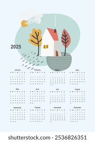 Calendar vector template for year 2025 with smoll home and trees on pastoral landscape. Isolated calendar dates