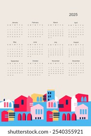 Calendar vector template for year 2025 with with an ancient city, ruins, gates and arches. Isolated calendar dates