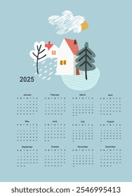 Calendar vector template for year 2025 with smoll home and trees on pastoral landscape. Isolated calendar dates