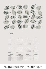 Calendar vector template for year 2025 with smoll home and trees on pastoral landscape. Isolated calendar dates