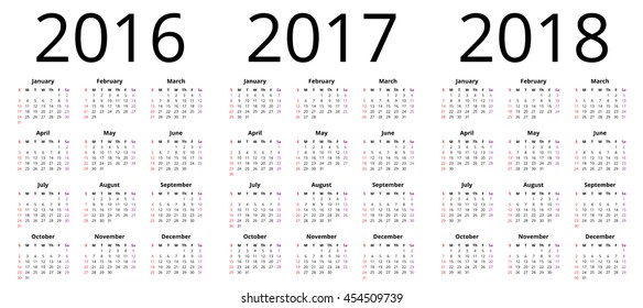 Calendar vector for the year 2016, 2017 and 2018.