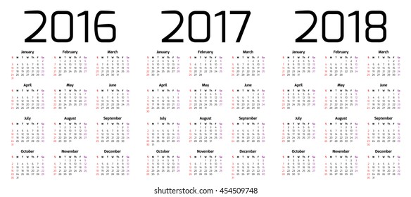 Calendar vector for the year 2016, 2017 and 2018.