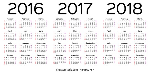 Calendar vector for the year 2016, 2017 and 2018.