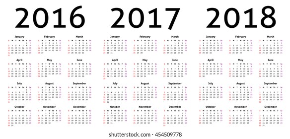 Calendar vector for the year 2016, 2017 and 2018.