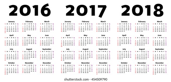 Calendar vector for the year 2016, 2017 and 2018.