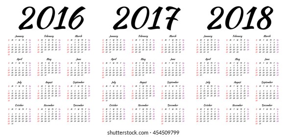 Calendar vector for the year 2016, 2017 and 2018.