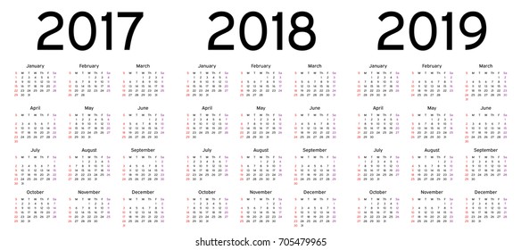 Calendar vector for the year 2017, 2018 and 2019 on white.