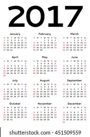 Calendar vector for the year 2017.