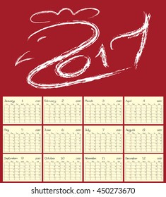 Calendar vector for the year 2017, freehand font.