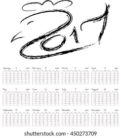 Calendar vector for the year 2017, freehand font.