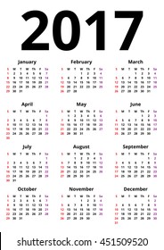 Calendar vector for the year 2017, freehand font.