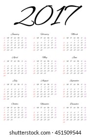 Calendar vector for the year 2017, freehand font.