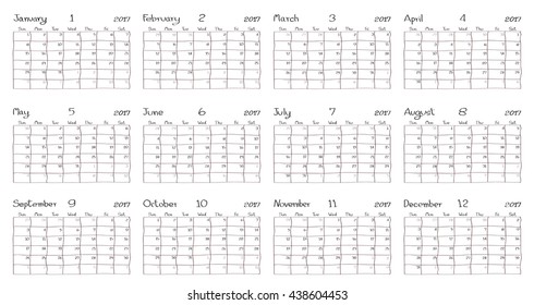 Calendar vector for the year 2017 with white background and freehand font.