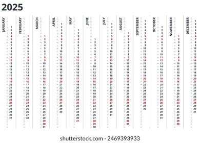 Calendar vertical, planner, date, calender, planner for 2025. Vector Stationery Design Print 2025 Template with Place for Photo, Your Logo and Text. calendar design 2025