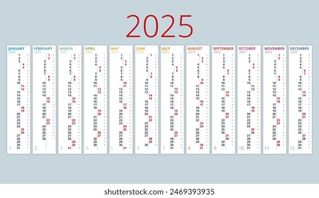 Calendar vertical, planner, date, calender, planner for 2025. Vector Stationery Design Print 2025 Template with Place for Photo, Your Logo and Text. calendar design 2025