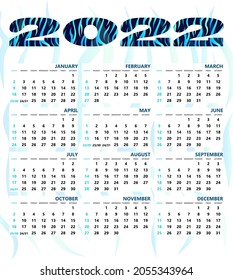 Plantilla vertical de calendario 2022. Impresión azul, tigre negro sobre fondo blanco. La semana comienza el domingo. Diario, papelería, calendario de pared. Ilustración vectorial con un patrón tigre.
