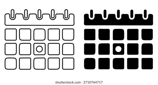 Icono de vista de calendario con un enlace en espiral en la parte superior que muestra una cuadrícula de cuadrados con un círculo en el medio que representa una selección o resaltado específico
