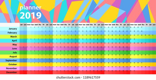 Calendar wall planner for the 2019 year. Colorful vector set. Template for your design