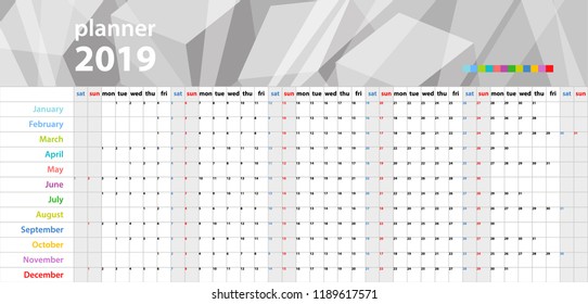 Calendar wall planner for the 2019 year. Colorful vector set. Template for your design