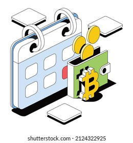 Calendar, Wallet, bitcoin coins. Vector 3d sketch line isometric style, color icon illustration. Creative design idea and infographics elements.