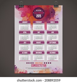 Calendar with watercolor paint 2015 design, English, Sunday start. Vector illustration