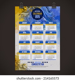 Calendar with watercolor paint 2015 design, English, Sunday start. Vector illustration