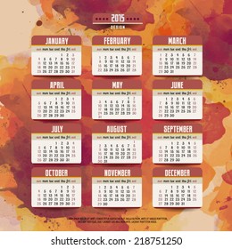 Calendar with watercolor paint 2015 design, English, Sunday start. Vector illustration