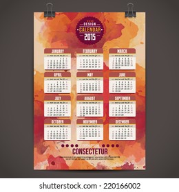 Calendar with watercolor paint 2015 design, English, Sunday start. Vector illustration