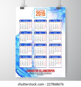 Calendar with watercolor paint 2015 design, English, Monday start. Vector illustration