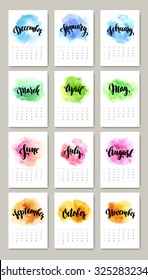 Calendar with watercolor paint 2016 design. Vector illustration EPS 10