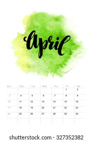 Calendar with watercolor paint 2016 design. Vector illustration EPS 10