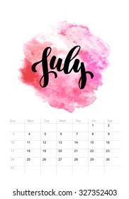 Calendar with watercolor paint 2016 design. Vector illustration EPS 10