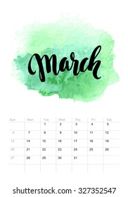 Calendar with watercolor paint 2016 design. Vector illustration EPS 10